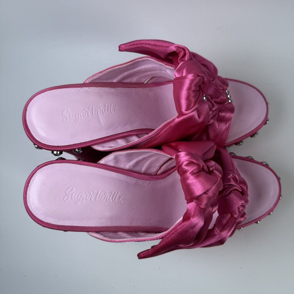 Sugar Thrillz Strike a Pose Diamante Bow Mule‎ Heels Pink Satin Platform Size 10 - Picture 6 of 12